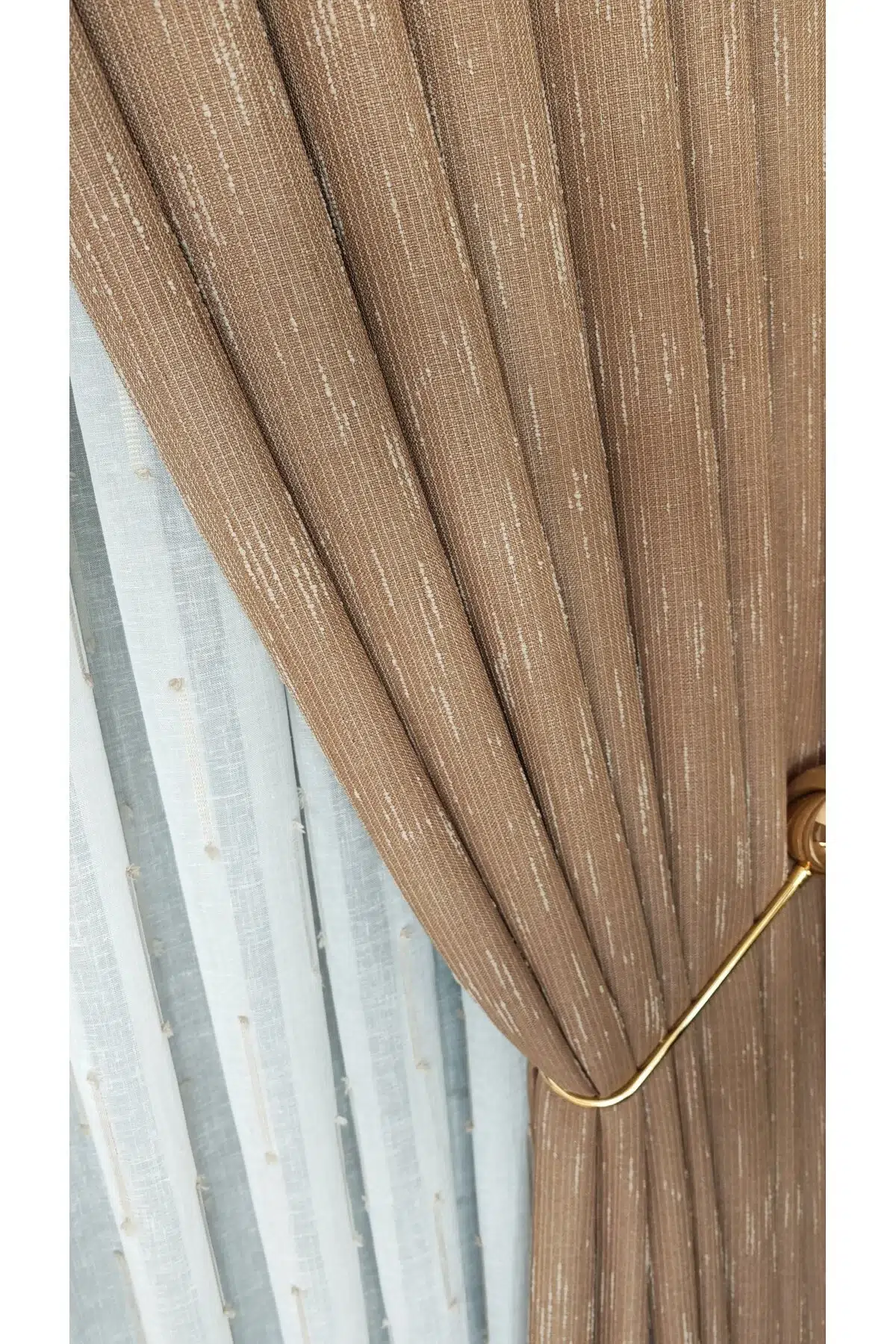 Şantuk Desenli Fon Perde Tek Kanat 1/3 Sık Pileli Lüks Seri Ağır Gramajlı - Camel