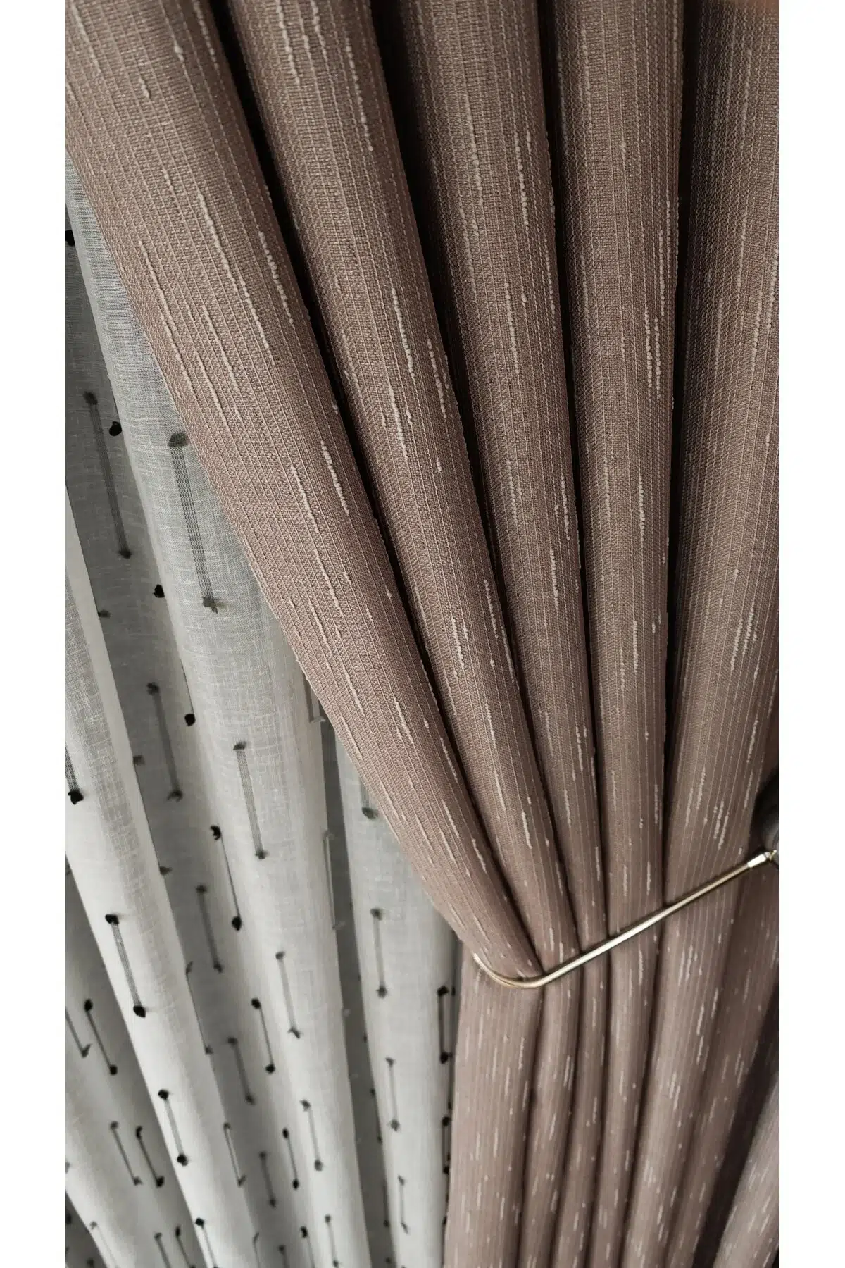 Şantuk Desenli Fon Perde Tek Kanat 1/3 Sık Pileli Lüks Seri Ağır Gramajlı - Kahve Rengi