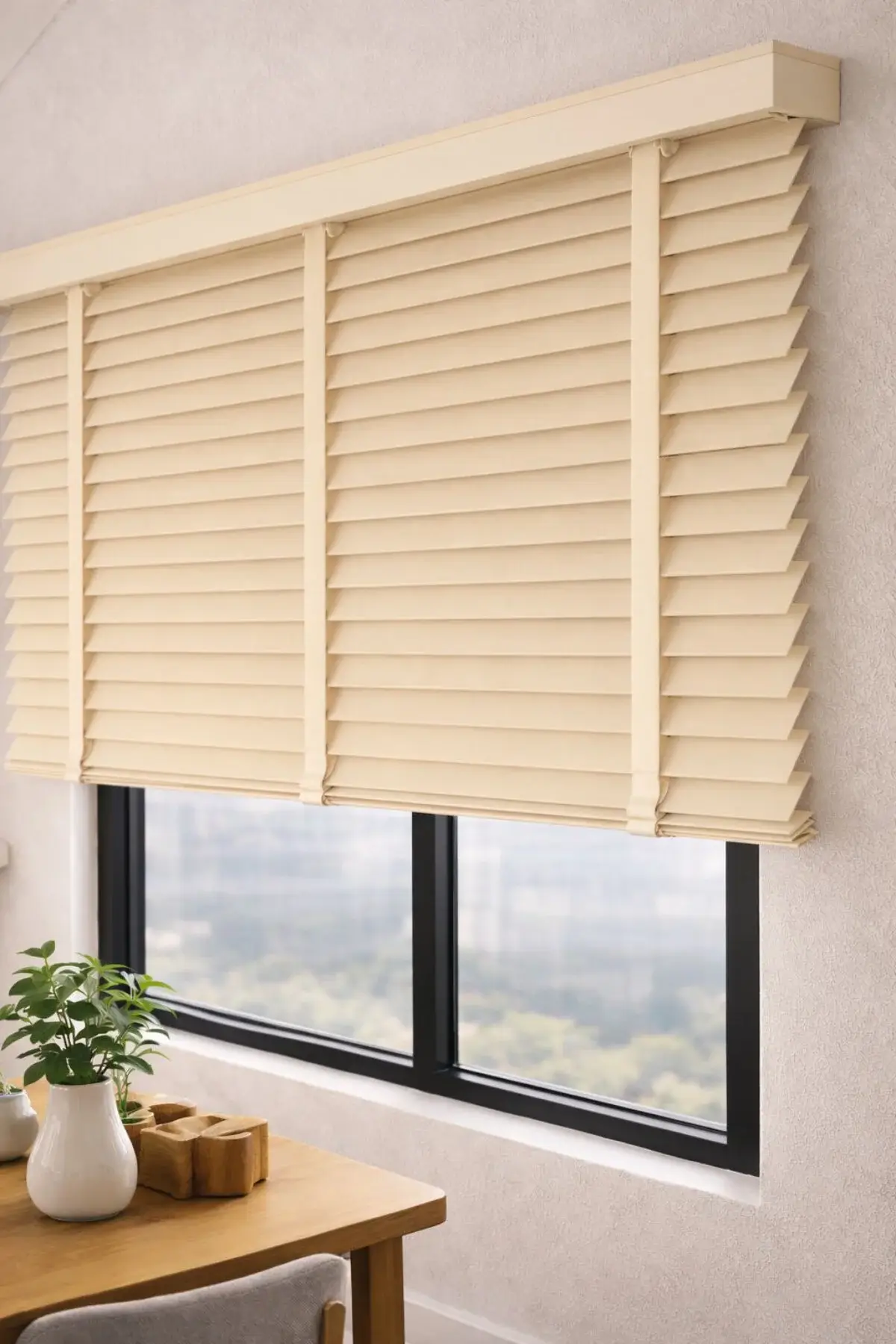Gerçek Ahşap Jaluzi Perde 50 mm Zincirli Redüktörlü Kurdelalı - Krem