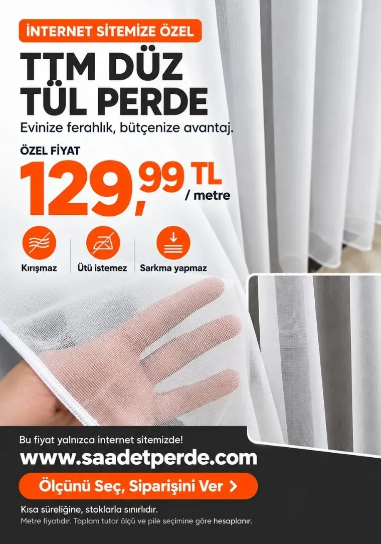 Ttm Düz Tül Perde Kırışmaz Ütü İstemez 